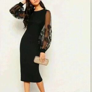 Boho black floral embroidered mesh sheer sleeve fitted midi dress